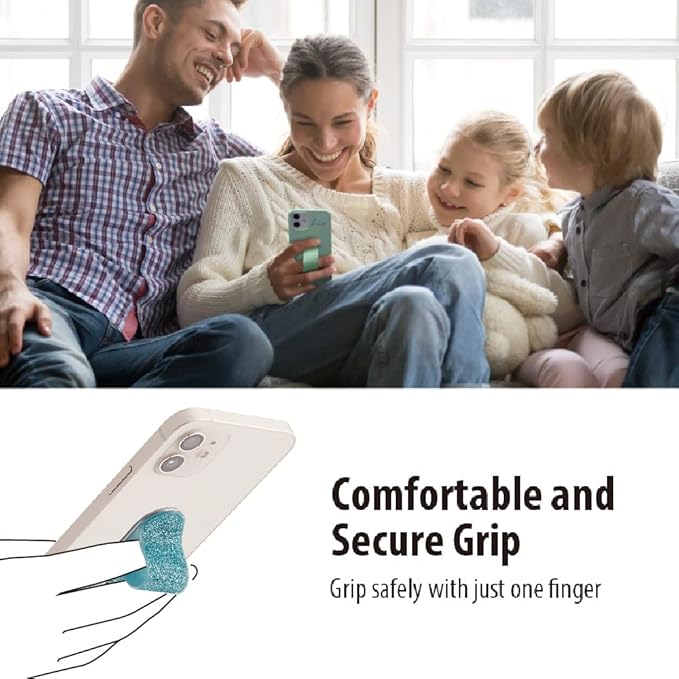 Momostick Flatstick, Cell Phone Finger Grip Strap Holder for Hand, Cell Phone Stand, New Slim Finger Loop Selfie Grip Compatible with Most Smartphones - Glitter Sky Blue