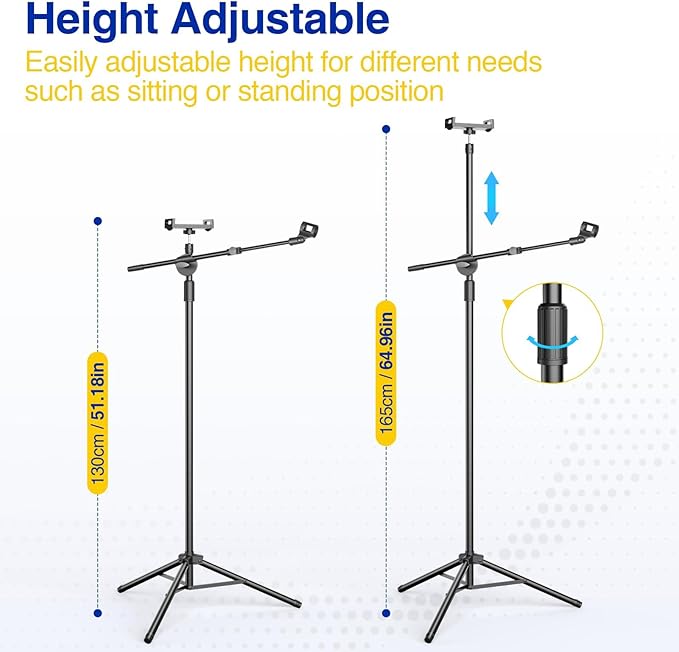 Boom Mic Stand, Microphone Holder Floor with Tablet Phone Support, Heavy Duty Tripod Adjustable Height and Angle 35-65 Inch With Portable Bag for Singing Karaoke Stage