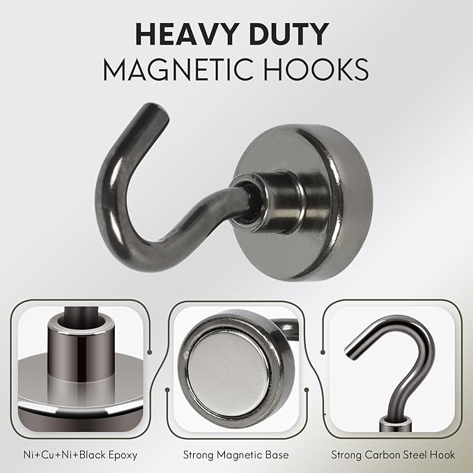 Neosmuk Magnetic Hooks, Cruise Ship Essentials, 30lb+ Heavy Duty Magnetic Hooks for Cruise Cabins, Refrigerator, Grill, Hanging, and Travel | Extra Strong Must-Haves Magnet Hook,Gunmetal,5 Pack
