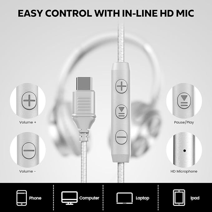 USB C Headphones Wired, Over Ear USB C Wired Headphones with Microphone, Volume Control, HD Stereo Sound, Foldable USB Type C Headphone for Adult/Teens/Laptop/Computer/iPhone 15/16/17, Sliver