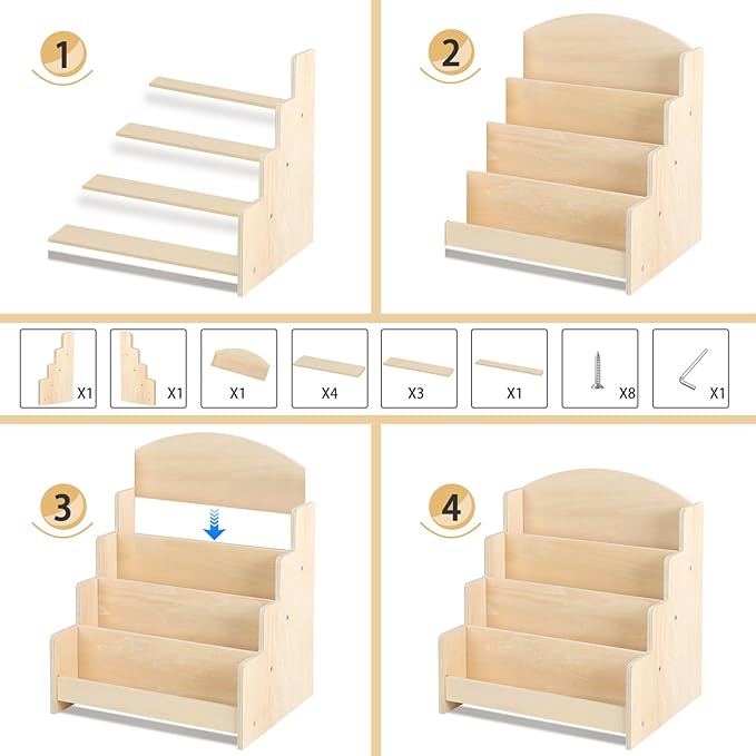 VOGGV Greeting Card Display Stand Holder - 4-Tier Wooden Organizer Rack for Postcards, Stickers, Bookmarks & Tabletop Book Display, Sturdy Card Display Shelf for Retail or Home