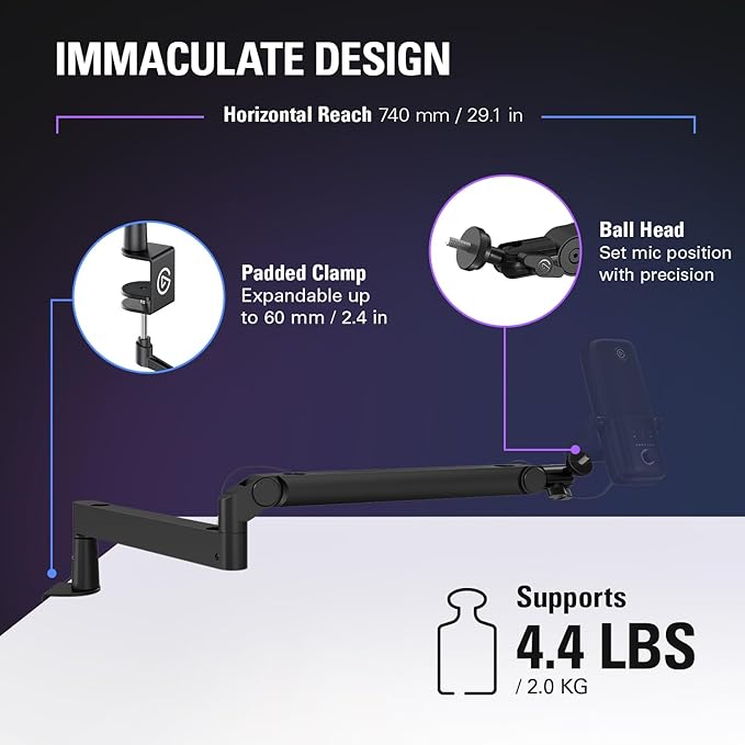 Elgato Wave Mic Arm LP - Premium Low Profile Microphone Arm with Cable Management Channels, Desk Clamp, Versatile Mounting, and Fully Adjustable – For Podcasting, Streaming, Gaming, and Home Office