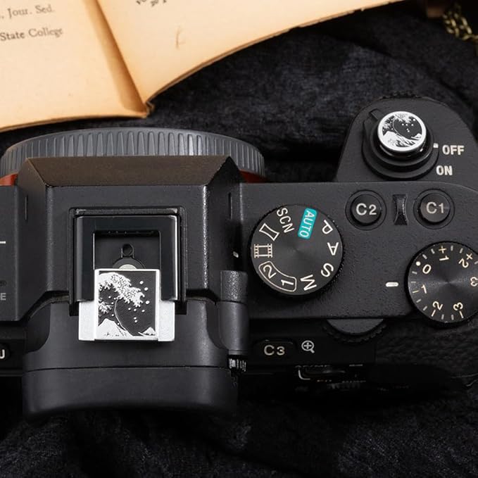 Kanagawa Wave Pattern Camera Hot Shoe Cover Shutter Button for Sony A1 A7C A7CR A7CII A7R A7M2 A7M3 A6700 A6600 A6500 A6400 A6300 (Aluminum Alloy-Set)