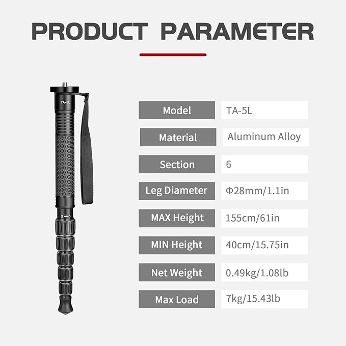 TONYBOO 61” Monopod for Camera,Φ28mm 6-Section Aluminum Camera Monopod Stand, with Wrist Strap, Rubber Grip, Twist Locks, Compatible with Photography DSLR Camera Mirrorless, Max Load 40 lbs - TA-5L