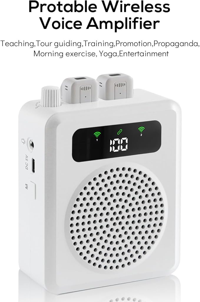 Wireless Voice Amplifier with Lavalier Microphones, Portable Voice Amplifier, Microphone with Speaker, Mini Megaphone with Clip on/Lapel Mic Teacher Microphone for Classroom Speech (White)