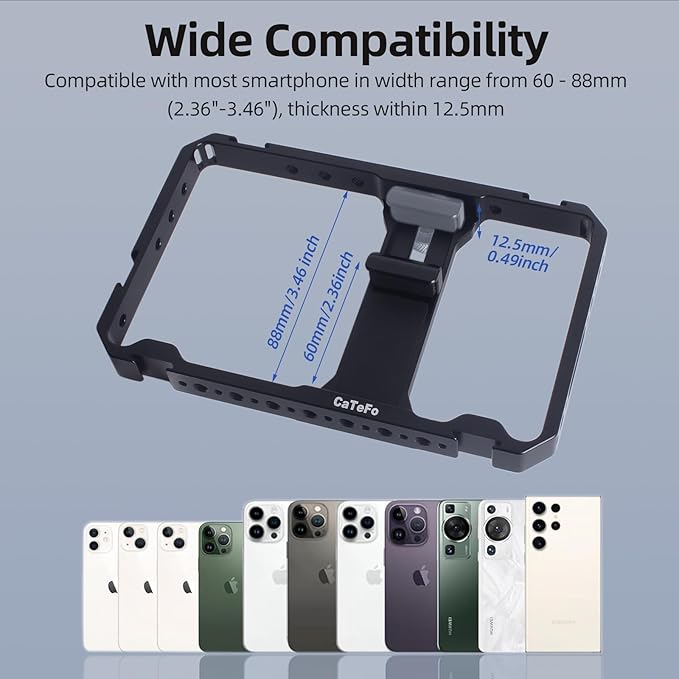 Universal Phone Cage, Aluminum Smartphone Video Cage Grip with Cold Shoe & 1/4 Inch Thread Mount for Videomaker, Filmmaker, TikToker and Youtuber-PC01
