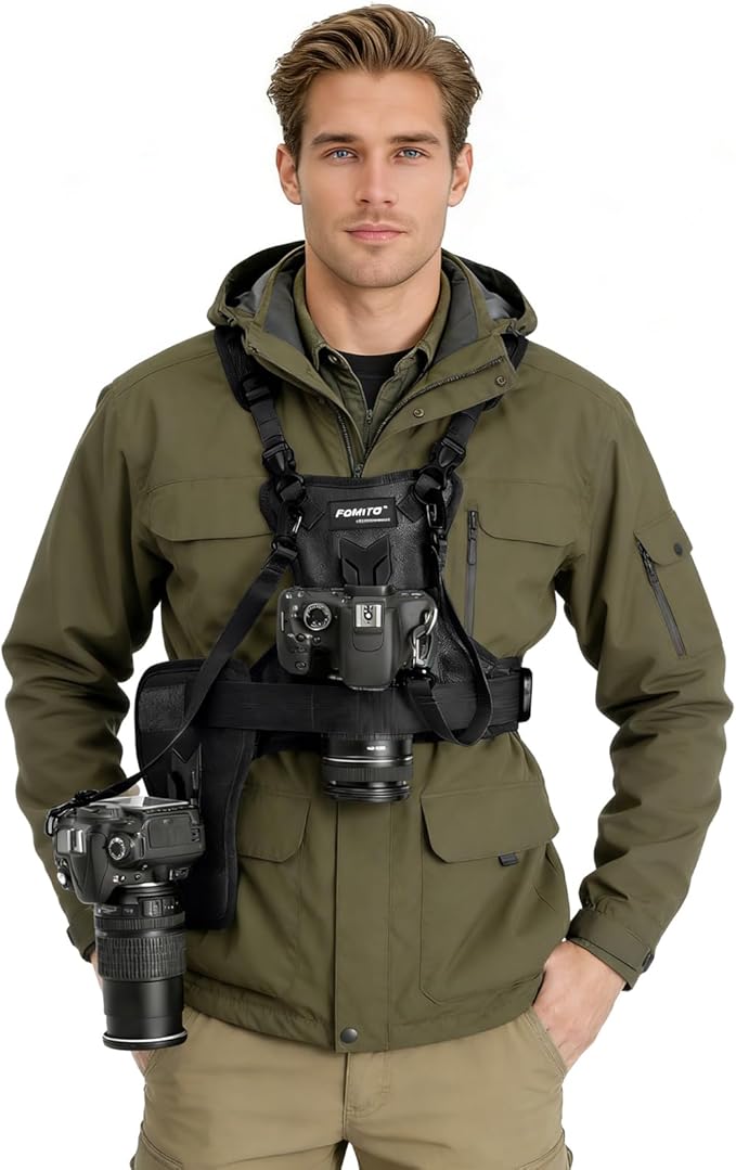 FOMITO Multi Camera Carrying Chest Harness System Vest with Side Holster for Canon for Nikon for Panasonic for Olympus for Sony A7R A7S A7II A7RII A58 A99 A6000 A6300 DSLR