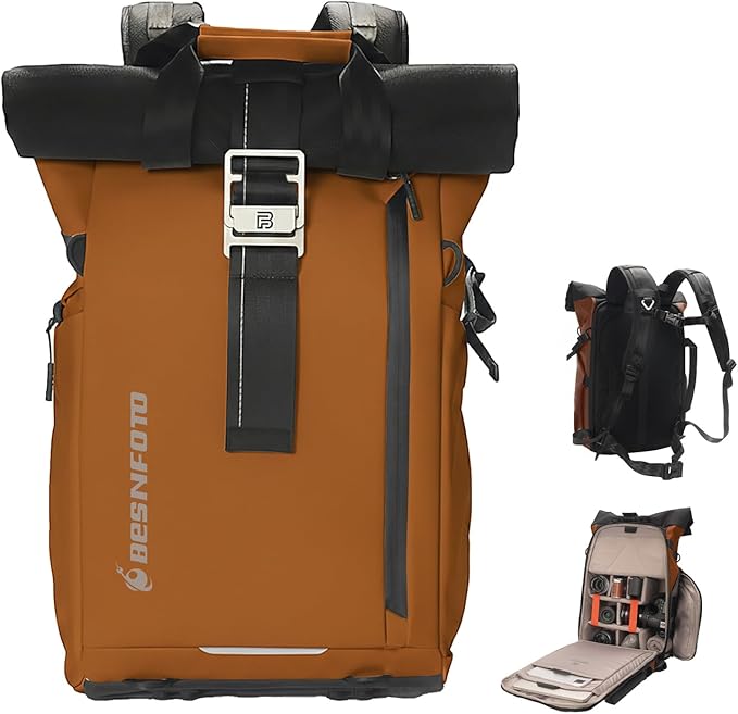 Besnfoto Camera Backpack, Waterproof Travel Camera Bag for Photographer Expandable Roll Top Photography Case for DSLR SLR Mirrorless Camera Fit up to 15.6 inch Laptop with Rain Cover