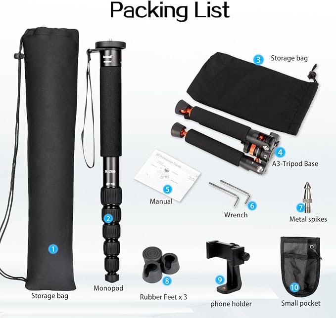 Koolehaoda Camera Aluminum Monopod with Metal Tripod Base.6 Sections 18-69inch Adjustable, Leg Diameter Φ28mm,up to 13lbs - Black