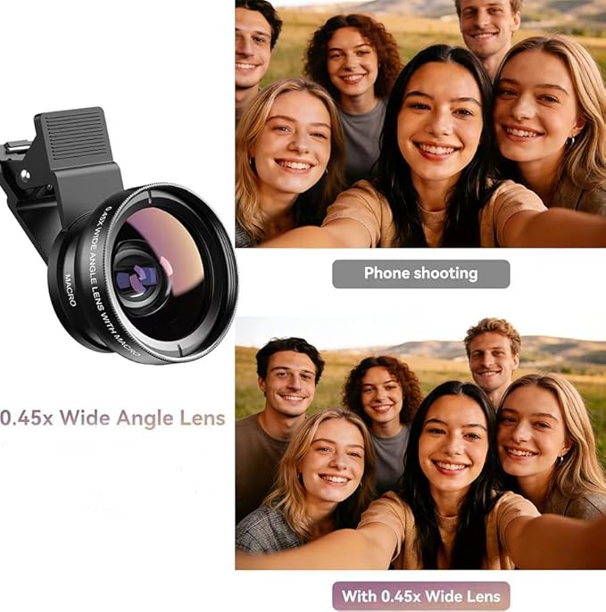Phone Camera Lens Kit 2 in 1, 0.45X Wide Angle Lens+ 12.5X Macro Lens, Cell Phone Len Attachments Accessory for iPhone, for Samsung, for Android Smartphone