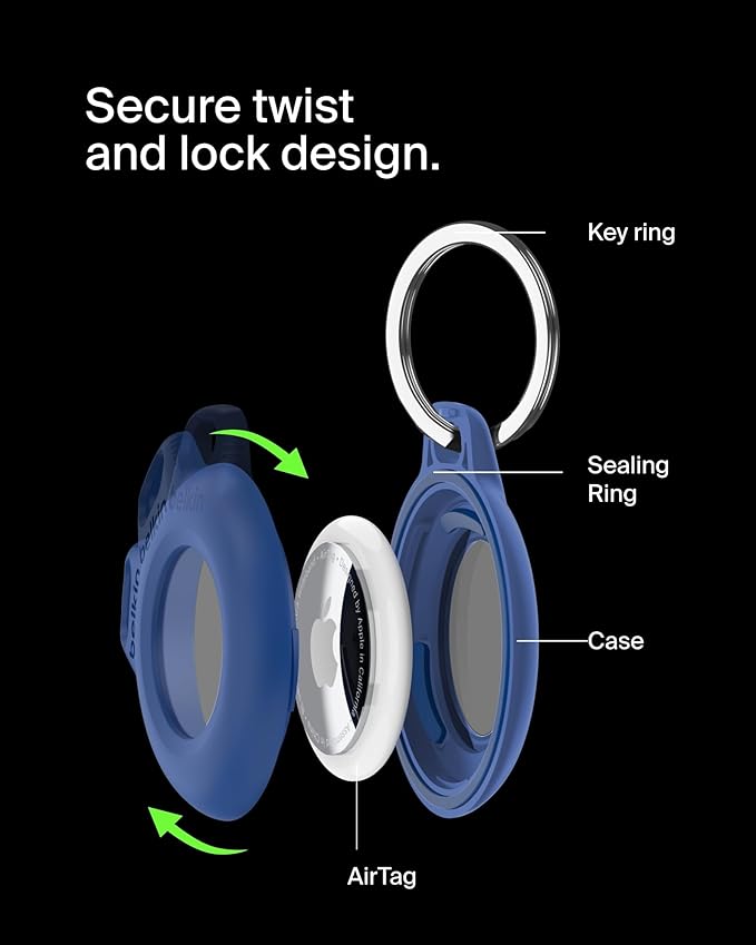 Belkin Waterproof Apple AirTag Secure Holder with Key Ring, Durable Scratch-Resistant AirTag Case, Protective AirTag Keychain Accessory for Keys, Pets, Luggage, Backpacks, and More - Blue