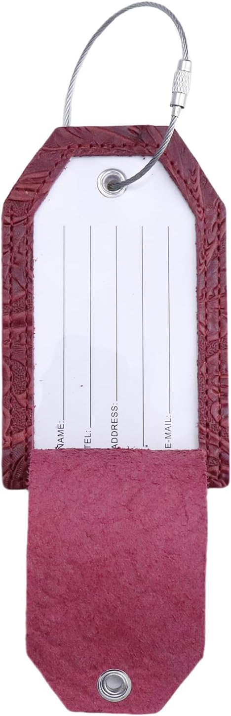 Genuine Leather Set of 2 Luggage Tag with Full Back Privacy Name ID Card Stainless Steel Loop Suitcase Labels Identifiers Baggage Tags Luggage for Women Men Travel (Wine Red Flower)