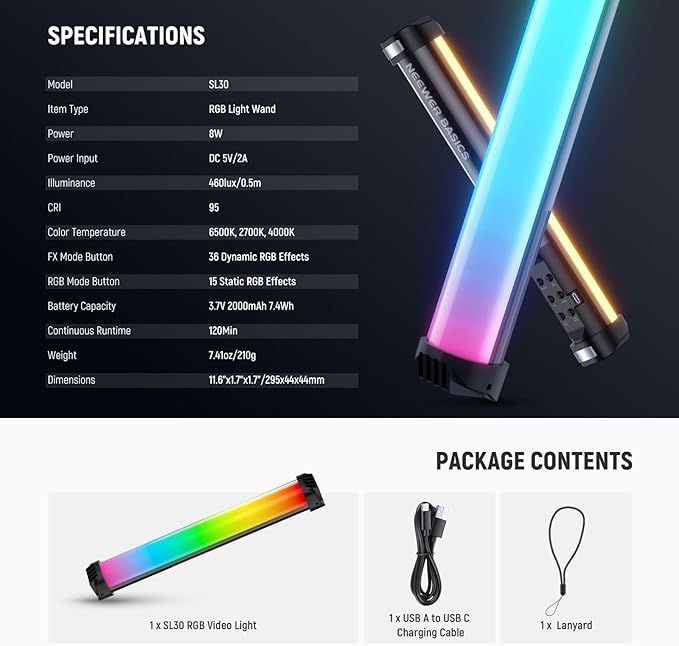 NEEWER Basics 12" Magnetic RGB Light Wand, CRI95 Dimmable 8W LED Handheld Video Tube Lighting Stick with 51 RGB Modes, 2000mAh Battery for YouTube TikTok Camera Streaming Studio Video Recording, SL30