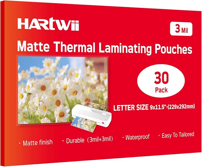 HARTWII Matte Laminating Sheets 9 x 11.5 Inches, 3 Mil Thick, 30 Pack,Clear Anti-Glare 8.5 x 11 Matte Thermal Laminating Pouches for Letter Size (30)