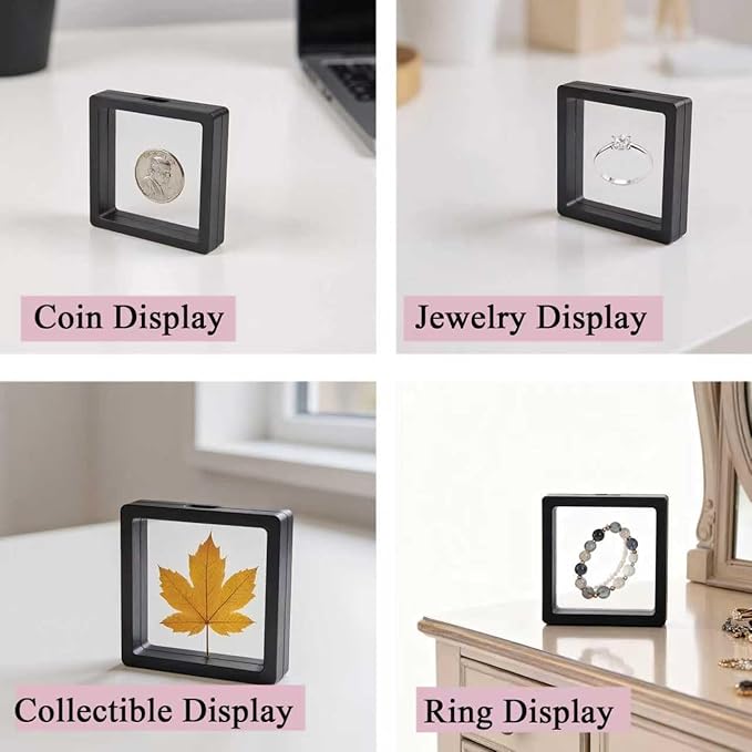 6Pcs Black 3D Floating Display Case Jewelry Storage Box Holder Stands Transparent Frame Gift Box Dustproof Stackable Coin Medals Earrings Necklaces Rings Bracelets Boxes