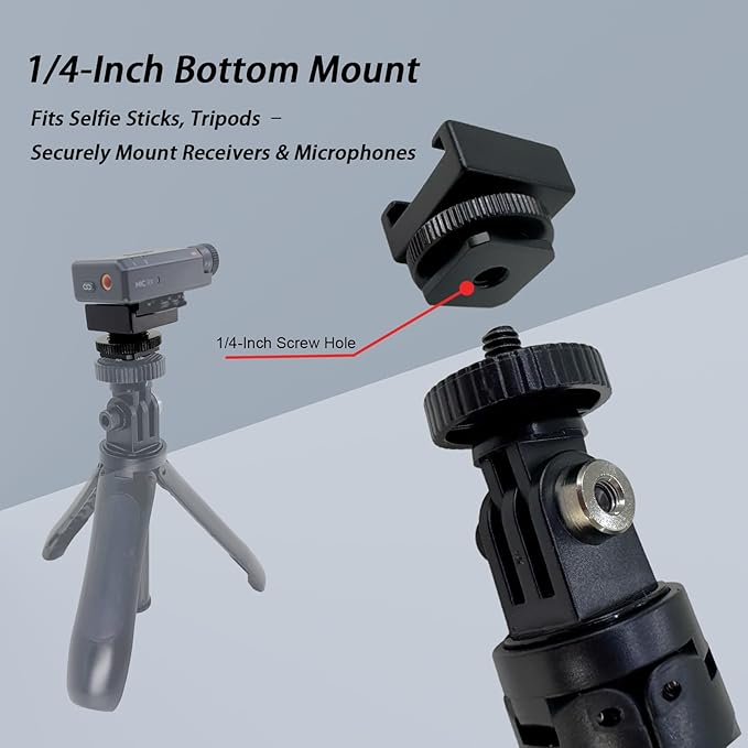2pcs Cold Shoe Mount Adapter for DJI Mic 3/2/Mini/Rode/Hollyland/Saramonic Wireless Microphone Lavalier Receiver, Metal Camera Cage Adapter with 1/4" Tripod Hole Anti Drop Mic Accessories