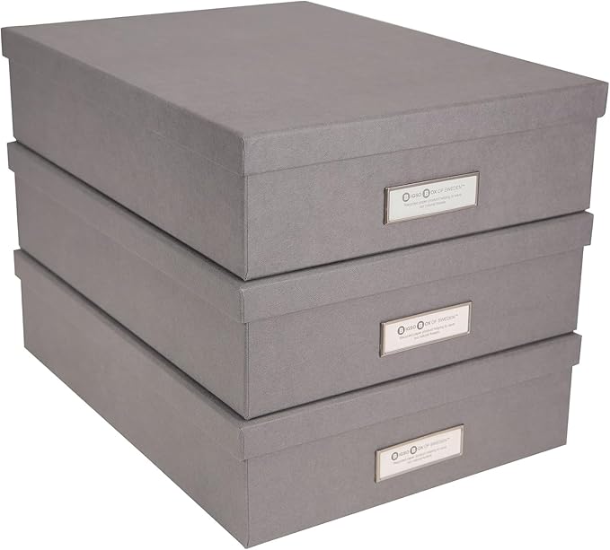 Bigso Oskar Fiberboard Label Frame Document Letter Box - File Organizer Box for Important Paperwork - Document Storage with a Lid & Label Window - 3.3 in x 10.2 in x 13.8 in - 3 Pack - Dark Grey