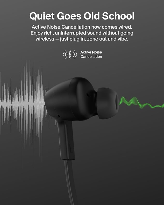 Belkin SoundForm Active Noise Cancelling Earbuds Wired with USB C Connector, IPX5-Rated, in-Ear Earphones w/Microphone for iPhone 17/16/15, iPad mini, Galaxy S25, Google Pixel 10, & More - Black