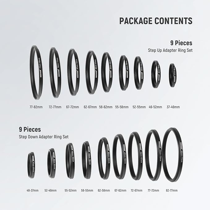 Neewer 18 Pieces Metal Camera Lens Filter Adapter Ring Kit 9 Pieces Step Up Ring+9 Pieces Step Down Ring Set Compatible with Canon Nikon Sony Olympus DSLR Camera (Black)