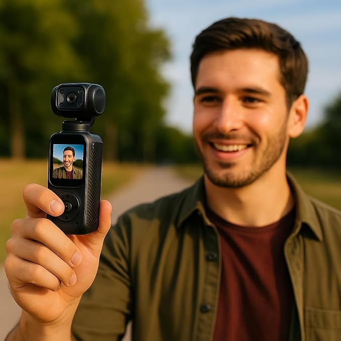 Acuvar 4K Pocket Vlogging Camera with Dual Front & Rear Cameras, 3-Axis Gimbal Stabilizer, Handheld Portable Video Camera with WiFi, Split-Screen LCD, Face Tracking, 270° Rotation & 64GB SD Card