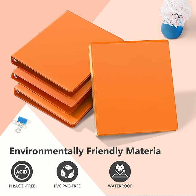 ViVin 1 Inch Round Ring View Binder for Durability, Standard 3 Ring Binder for 200 Sheets of US Letter Size Paper, PVC-Free, 6-Pack (Orange)