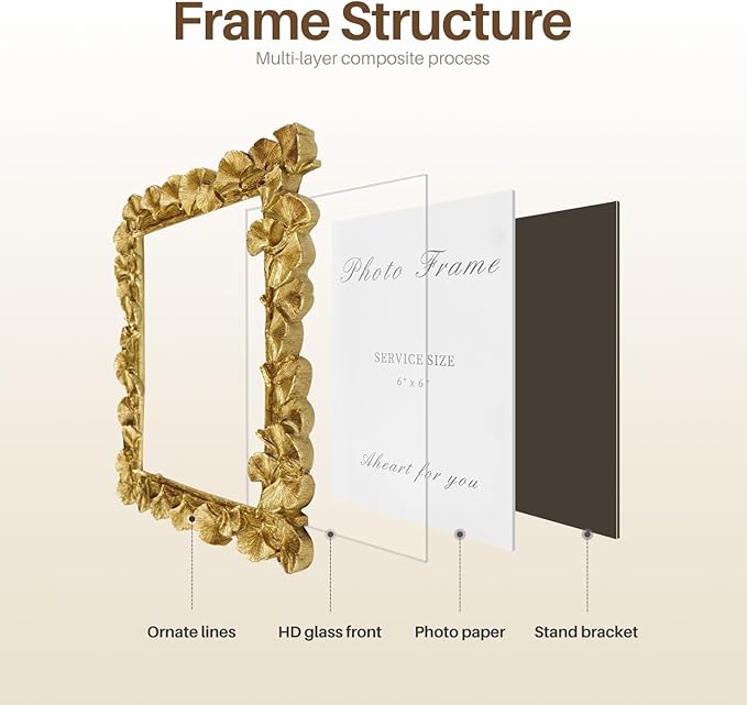 Cuspin 6x6 Picture Frame Vintage Gold Frames, Gold Ornate Leaf Textured Hand-Crafted Resin with Glass Front Antique Photo Frame for Tabletop Display, Retro Design Home Decor