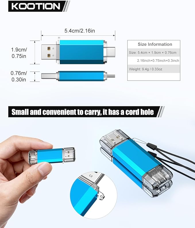 KOOTION USB C Flash Drive 32GB 2 in 1 OTG USB 3.0/Type C Thumb Drive Dual Drive USB C Memory Stick for Smartphone Laptop Tablet PC, Blue