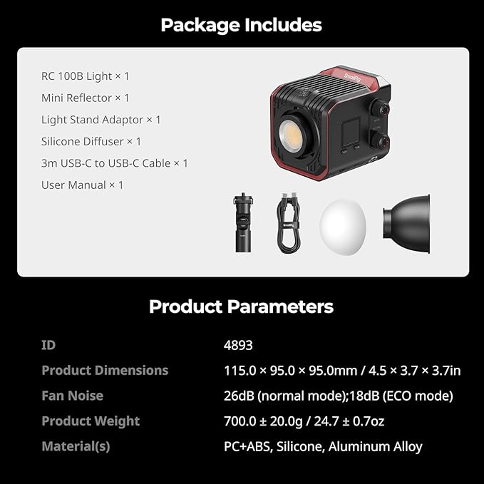 SmallRig RC 100B COB Video Light, 100W Bi-Color 2700K-6500K, Type-C PD Fast Charging, Built-in Battery Plate, with App Control for Photography, Photo Studio, Standard Version (Without Battery) 4893