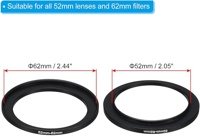 PATIKIL 52mm-62mm Metal Step Up Ring with Cleaning Cloth, 2 Pack Camera Lens Filter Adapter Ring Aluminum Filter Adapter Ring for Camera Lenses Hood, Black