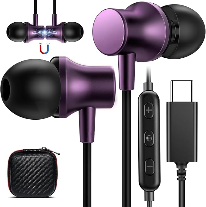 COOYA USB C Headphone Type C Wired Earbuds for iPhone 17 16 15 Pro Max iPad 10 Air 6 Pixel 9 8 Magnetic Bass Noise Canceling In-Ear Earphone+Mic for Samsung Galaxy S25 Ultra A16 S24 S23 for OnePlus 13