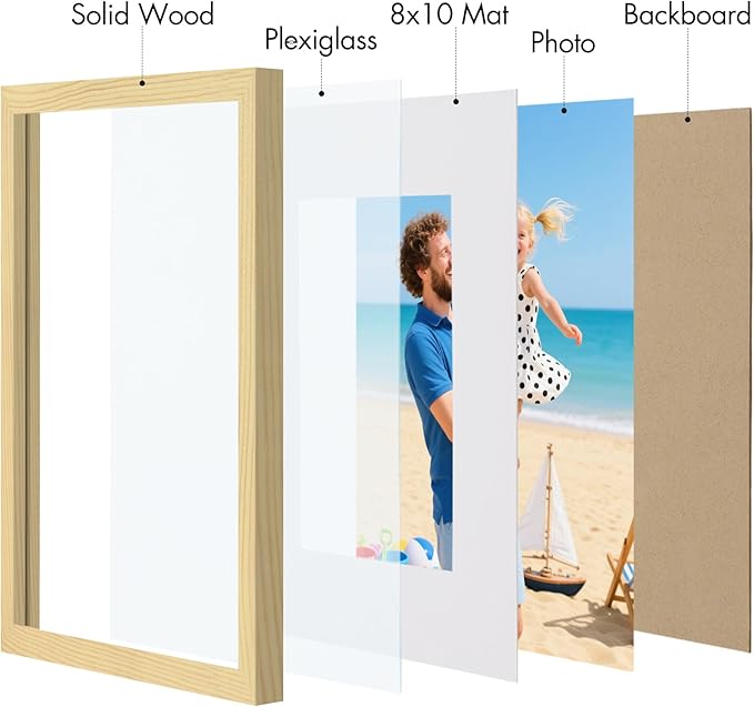 Vittanly 11x14 Picture Frame, Made of Solid Wood and Shatterproof Plexiglass, Display Pictures 8x10 with Mat or 8x10 without Mat, Wooden Photo Frame for Wall Mounting or Tabletop, Natural, 1 Pack