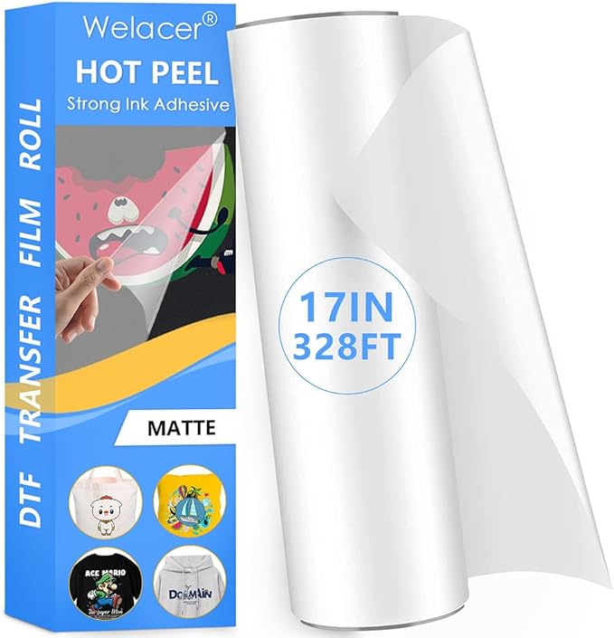 Welacer DTF Transfer Film Roll 17 Inch x 328 FT for Double-Side Matte Clear Pretreat Sheets, PET Heat Transfer Paper for Inkjet Printer Direct Print(Hot & Cold Peel)