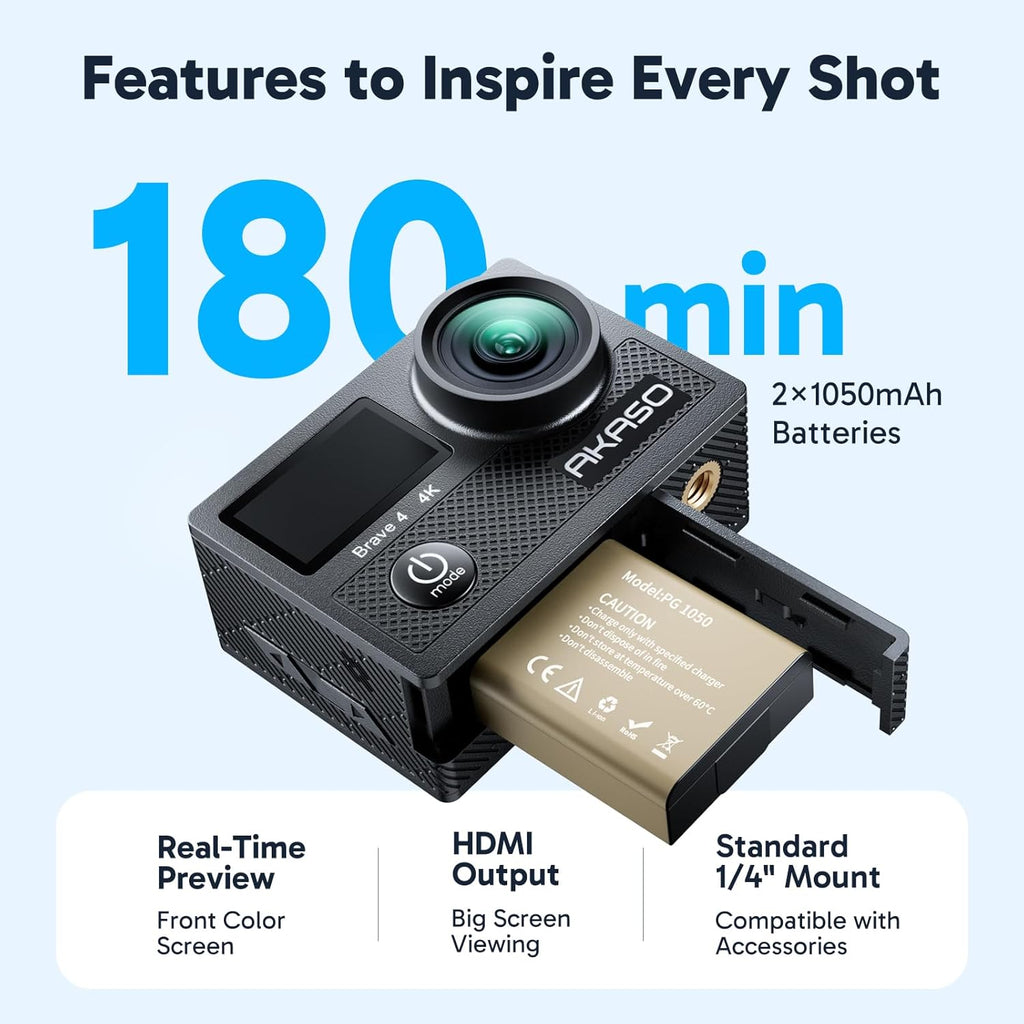 AKASO Brave 4 4K Action Camera – 20MP, Waterproof, Wi-Fi