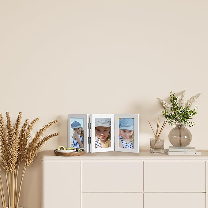 decorUhome Triple 4x6 Picture Frame Vertical, Engineered Wood Trifold Photo Frame with Plexiglass for Tabletop Display, 4x6, White