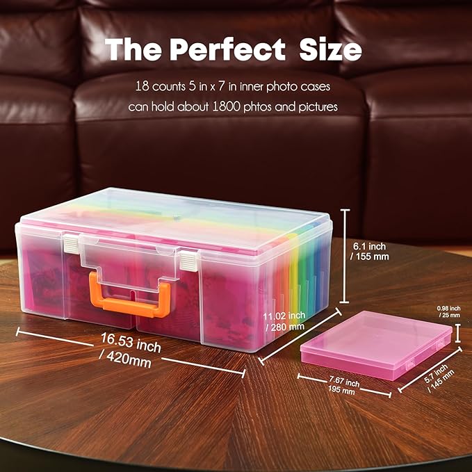 ALINK Photo Storage Box 5" x 7" with Handle, 18 pcs Inner Photo Containers Organizer and Craft Keeper, Portable Picture Case with Label for Seed, Arts, Crafts, Sewing, Stickers, Office - Colorful