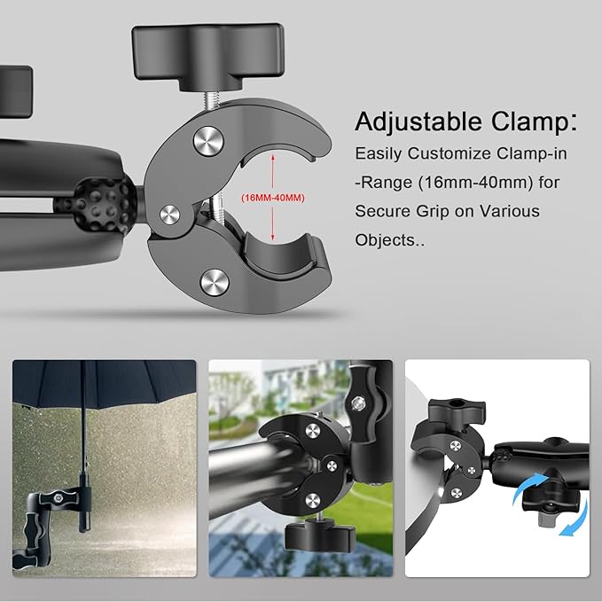 Double Clamp Camera Mount - Universal Bracket for Golf Carts, Umbrella Clamp, Desktop, Strollers, Wagons, Photo Studio, and More, Magic Arm Double Ball Head Adapter