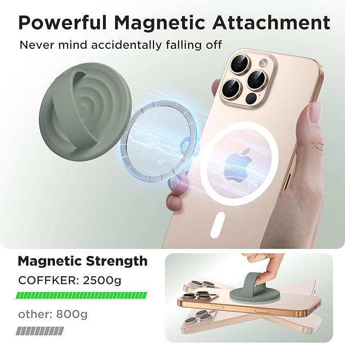 Magnetic Phone Grip Ring Holder, Liquid Silicone Magnet Cell Phone Grip Finger Loop, Compatible with Magsafe, Back of Phone for iPhone 17/16/15/14/13/12 Series, Calke Green