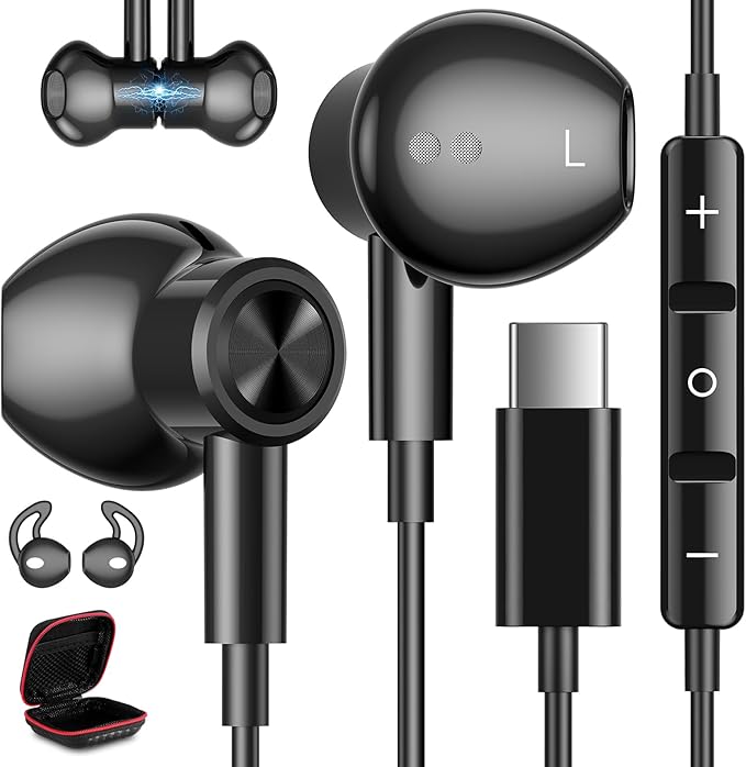 USB C Headphones for Samsung S26 S24+ S25 Ultra 23, Type C Earphones with Microphone Magnetic Volume Control HiFi Stereo Wired Earbuds for iPhone 17 Pro Max Air 16/Galaxy A53 S22 S21 FE Fold/Pixel 10