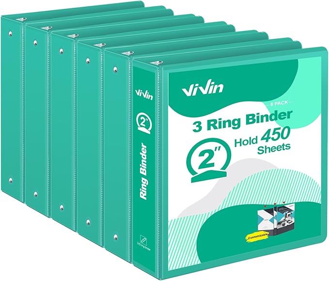 ViVin 2 Inch Round Ring View Binder for Durability, Standard 3 Ring Binder for 450 Sheets of US Letter Size Paper, PVC-Free, 6-Pack (Lake Green)