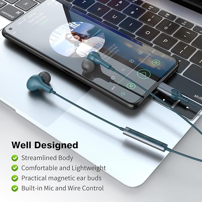 USB C Headphones for iPhone 17/16/15/Samsung S26/S25/S24 Wired Earbuds with Microphone for Galaxy S23 S22 S21 S20 Magnetic Noise Canceling in-Ear Type C Earphones for iPad 10th/Pixel 9 8 7a, Lake-Blue