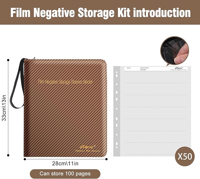 eTone Film Negative Storage Album, Black PU Leather, 50 35mm Acid-Free Sleeves, Triple Ring Binder Box, 13.18x7.08x1.96 Inch (Brown)