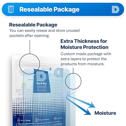 Dry & Dry 50 Gram [6 Packet] Silica Gel Packets Desiccants, Silica Gel Packs - Rechargeable Silica Packets, Silica Gel, Desiccant Packs for Food Storage