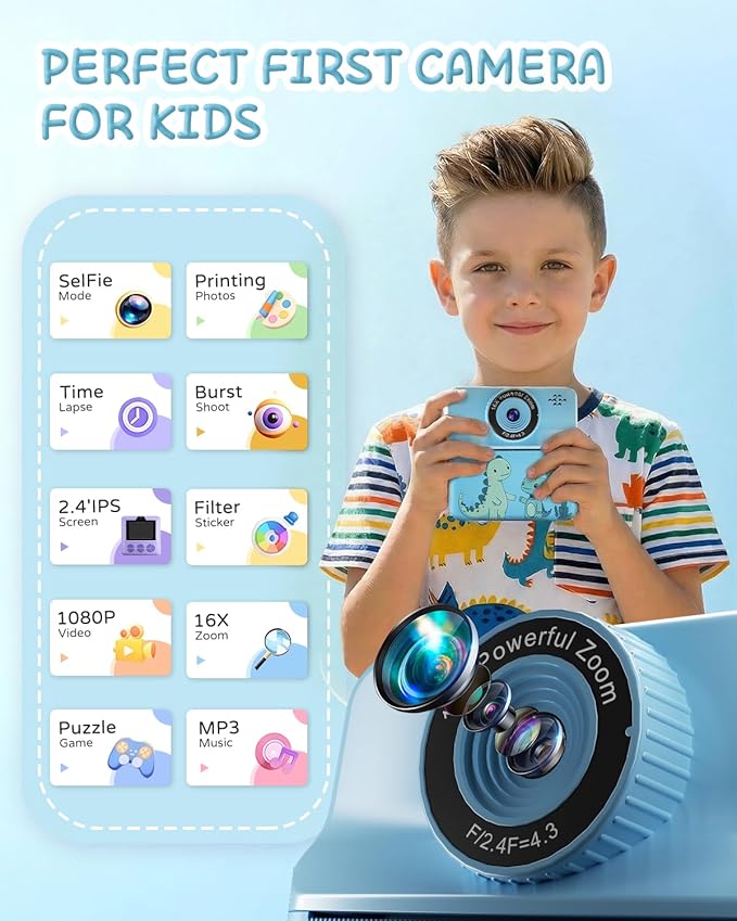 Kids Camera Instant Print, Digital Selfie Cameras with Carry Case & 5-Color Paper, Portable Toddler Toy Christmas Birthday Gifts for 3 4 5 6 7 8 9 10 11 12 Year Old Boys Girls - Blue