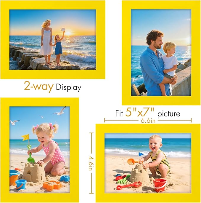 Vittanly 5x7 Picture Frame, Made of Solid Wood and Shatterproof Plexiglass, Wooden Photo Frame for Wall Mounting or Tabletop Display, Picture Frame for Home Decor with Stand, Yellow, 1 Pack