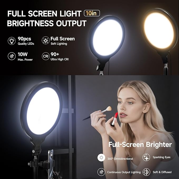 Ring Light Tripod for iPhone, 10" Selfie Ring Light with Tripod Stand and Phone Holder, Professional LED Circle Lighting for Video Recording, Conferencing, Makeup, Streaming, Tiktok, YouTube, Black