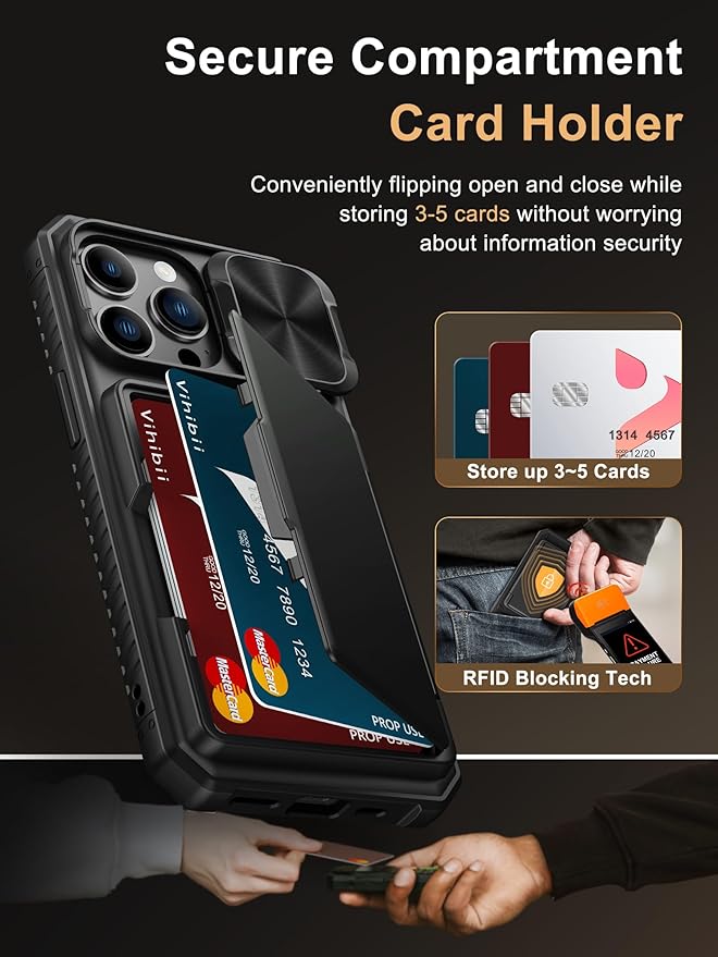 Vihibii for iPhone 13 Pro Case with Card Holder (4 Cards) [RFID Blocking] & Slide Camera Cover, Military Grade Drop Protection, Rugged Hard Back & Silicone Edge Wallet Phone Cover 5G 6.1" 2021, Black