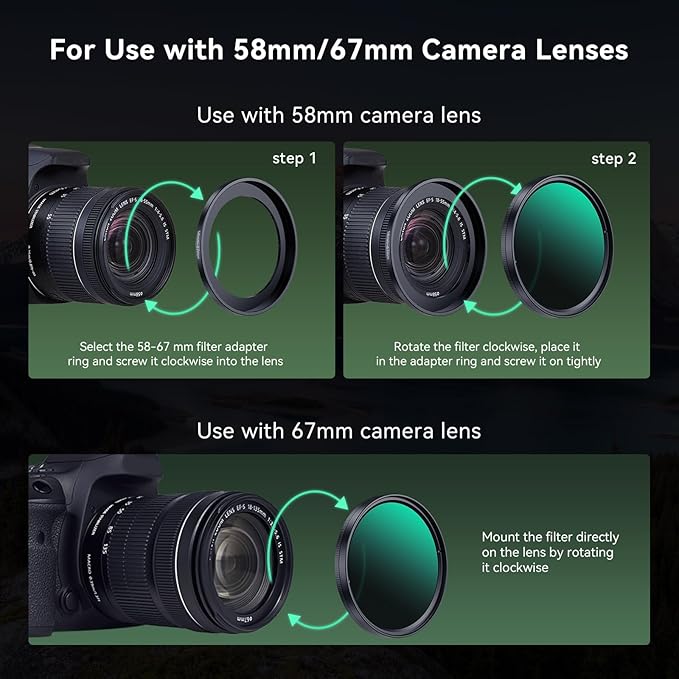 APEXEL 67mm Variable ND2-32 ND Filter for iPhone/DSLR Neutral Density Filter for iPhone Camera Lens 16 15 14 13 12 Pro Max Samsung Galaxy Huawei with Adapter Ring, Universal Clip, Cold Shoe