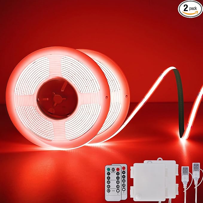 OMIKA Red COB LED Strip Lights Battery Powered, 6.56FT 640LED Light Strip Dimmable Cuttable Flexible LED Lights with Remote for Boat, Cars Motorcycles, Computer, Party, TV Wall, DIY Decor(2 Pack)