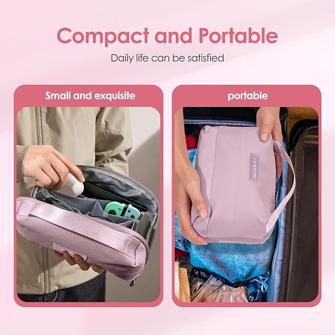 LENTION Premium Electronics Organizer Case with Handle, Large Multi-Compartment Travel Tech Bag for Tablet, Chargers, Cables, AirPods & Toiletries, Waterproof Travel Accessory Organizer (M372 Pink)