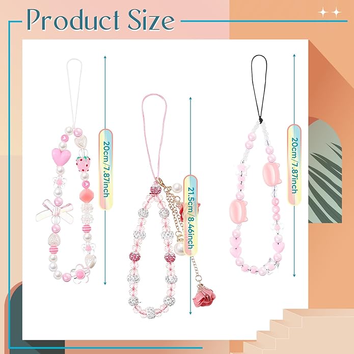 Ecally 3 Pcs Phone Charms Strap Camera Charm Strap Pearl Beaded Butterfly Bow Flower Cute Phone Wrist Lanyard Bracelet for Camera Keychain Wallet Decor Easter Gifts